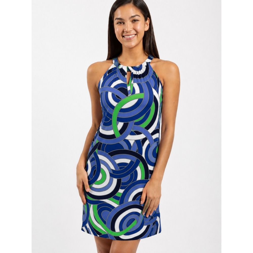 Jude Connally Lisa Halter Shift Dress Blue Green Geometric Print M
